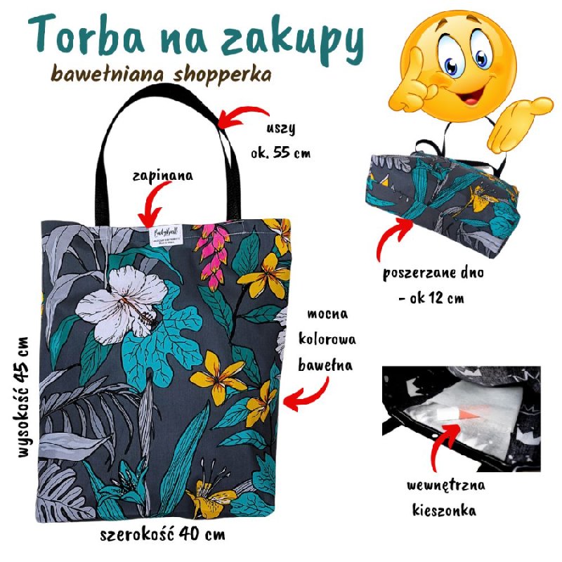 Torba na zakupy, bawełniana, kolorowa Kwiaty - 01